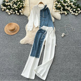 Fongt Kong Flavor Casual Suit Female Fashion Design Stitching Fake Two Hooded Jacket High-Waisted Cowboy Splicing Wide Leg Pants