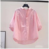 Fongt Fresh Art And Light Blue Cotton Shirt Women 7-Sleeve Casual Shirt 2025 Summer Temperament Top