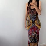 Fongt Ins Women's Summer 2023 New Fashion Vintage Tie-Dye Print Sexy U-Neck Slim Dress Long