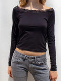 Women Lace Patchwork Long Sleeve T-Shirts Top Round Neck Spring Fall Slim Fit Tees Shirts Casual Pullovers Streetwear-Outfit