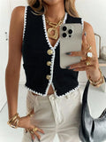 Fongt 2025 Women's Flower Decoration Single-Billed Casual Knitted Vest Sweater