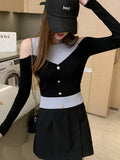 Fake Two Patchwork Knitted Sweater Women Autumn Slim Sexy Off Shoulder Sweaters Cropped Pullover 2023 Winter Woman