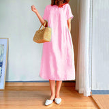 Fongt New Leisure Spring And Summer Loose Skirt Short Sleeve Round Neck Solid Cotton Linen Dress