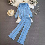 Fongt Suit Women's Korean Version Of Loose Knitted Hoodie Two Sets Of Leisure High-Rise Thin Straight Broad Leg Pants