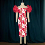 Fongt Net Yarn Sleeves Stitched Printed Bags Dresses Mid-Sevent Dress Party Dress Women Dress