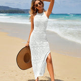 Fongt Beach Dress Hollow Knitted Neck Sling Sexy Bare Back Fork Long Tie-Shirt Woman