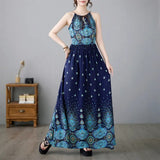 Fongt New Literary And Art-Print National Style Dress Sleeveless Sleeves Holiday Style Swinging Long Dress Hanging Neck