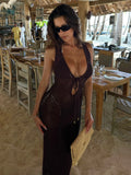Fongt Spring New Crochet Deep Strap Knitted Sleeveless Hollow Slimming Sexy Dress Women's Clothing