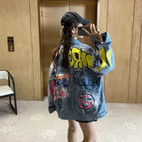 Painted Graffiti Print Denim Jacket Women Streetwear Fashion Lapel Long Sleeve Jeans Jacket Lady Loose Size Jeans