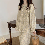 Rround Collar Pajamas Retro Flower Print Sweet Girl Princess Long Sleeve Homewear Suit Spring Summer