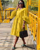 Solid Midi Dress 2022 African Women Summer Dresses Casual Puff Sleeve Pleated Ruffled Hem Bohemian Vestidos Robe Africaine