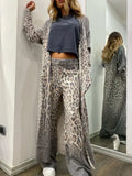 Women's Long sleeved Casual Style Polyester Material 2024 New Fashion Leopard Pattern Cardigan Coat Long Pants Set-Outfit