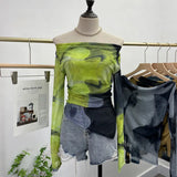 Fongt Dyed Printed Shoulder T-Shirt Design Sense Irregular Open Fork Thin Mesh Long Sleeve Top 8958