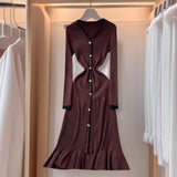 Fongt Small-Sized Famous Woman Hit The Color V-Neck Long Sleeve Single Buckle Waist Knitted Dress Women With Fish Tail