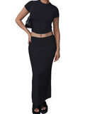Summer 2 Pieces Sets Women Outfits Solid Color O-neck Short Sleeve Slim Fit Basic T-Shirts Crop Tops Long Skirts 2023-Outfit