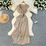 Fongt Folded Dress Design Irregular Lotus Leaves Side To Receive Waist Repair Bright Silk Pressure Folds