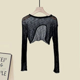Women Summer Two Pieces Set Korean Knitted Hollow Out Irregular Sunscreen Top And Ruffles Patchwork Chiffon Dress