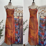 Sexy Tie-Dye Print Dress Waist Folded Folded Black Back Mesh Slings Long Skirt