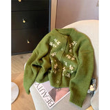Floral Cropped Knitted Cardigan Women Embroidery Sweater Coat Korean Elegant Single Breasted Knitwear Casual Jumpers New-Outfit
