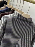 Fongt Half High Collar Striped Long Sleeve T-Shirt Bottom Shirt Women's New Autumn Ins Slim Wood Ear Inside The Top-Outfit