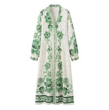Fongt Women's Clothing Explosion Printing Loose Single Buckle V Collar Lantern Sleeve Holiday Dress
