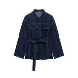 Fongt Retro Waist Strap With Belted Collared Denim Jacket Vintage Denim Trousers