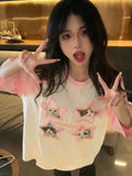 Pink Raglan Sleeves Cute Star Cat Print T Shirts Cartoon Kawaii Tee Summer Cotton O-neck Y2K Top Harajuku Loose
