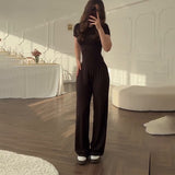 Fongt Summer New Women's Round Neck Solid Color Wide Leg Pants Commuting Leisure Suit Women