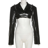 Fongt 2025 Fashion Trend Women's New Long-Sleeved Collar Open Umbilled Slimming PU Leather Top