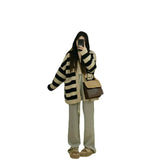 New Autumn And Winter Korean Style Lazy Breeze V-Collar Striped Sweater Girl Loose Thin Knitted Cardigan Coat Girl-Outfit