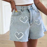 Fongt And Cute Hairy Heart Pattern Denim Shorts Women's Summer New High-Waisted Loose Thin Leg Shorts