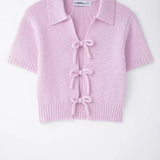 Fongt New Bow Trim Short Sleeves Short Knitted Top 2142007