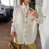 Fongt Cardigan Female Top Spring 2024 New Striped Metal Button Lapel Loose Type Thin Temperament Shirt-Outfit