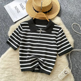 Fongt Knitted Women 2025 Summer South Korea Ins New Trendy Sleek Striped T-Shirt Women's Tops