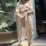 Fongt 2024 New Solid Color POLO Collar Shirt, Overalls Casual Suit Female-Outfit