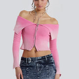 Fongt And Winter 2023 New Gradient Vintage Zipper One-Word Shoulder Lapel Sweater Female 2352-Outfit