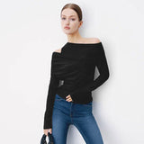 Fongt Women's Autumn New Fashion Sexy Solid Long-Sleeved Shoulder Double-Breasted T-Shirt Top