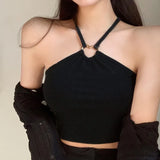 Women Tank Tops Solid Color Halter Sweet Camisole Slim Sexy Exposed Navel Crop Top-Outfit