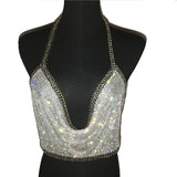 Women Backless Luxury Rhinestone Camis Crop Top Fashion Chunky Metal Chain Diamond Hollow Out Plunge Halter Tank