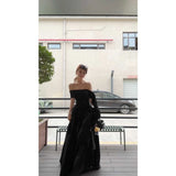 Fongt Shoulder Ribbon Dress Women's Summer Fashion Temperament Reduction Loose Thin A Word Long Dress