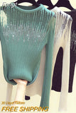 Diamonds Thin Knitted Sweater Female Hollow Out Sweaters Women 2023 Autumn Sexy Tops Bright Wire Pullover Woman