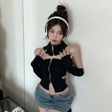 Zipper Knitted Crop Top with Sleeves High Street Sexy Backless Irregular Solid Color Camisole Women New-Outfit