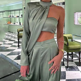 Fongt Women's Temperament Elegant Hanging Neck Diagonal Shoulder Chest Sexy Crop Wide Leg Pants