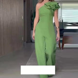 Fongt Summer New Fashion Inclined Shoulder Collar Waist Solid Color Wide Leg Jumpsuit Woman-Outfit