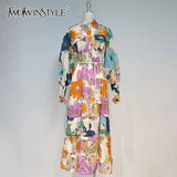 Casual Lace Up Floral Print Long Dress Female Lapel Long Sleeve Gathered Waist Midi Dresses For Women 2021