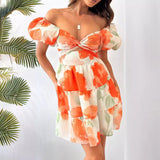 Fongt Summer New Temperament Print Hollow V Collar Bubble Sleeve Skirt Dress Dress Woman