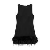 Fongt Sense A Dress 2025 Autumn New Standing Collar Sleeveless Solid Color Feathers Spliced Dress Dress Woman