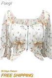 Crop Tops, Floral Print Square Neck Puff Sleeve Blouse with Zipper for Spring Summer,
