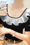 Fashion Temperament Round Neck Lace Ruffles Top Tee Summer Women 2023 Short Sleeve Solid Color Slim Pullovers
