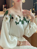Embroidered Flower Blouse Woman Mesh Patchwork Spring Satin Shirt Lady O-neck Tops Long Sleeve Women's Clothes